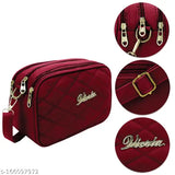 Red quilted sling bag with zip closure and brand logo