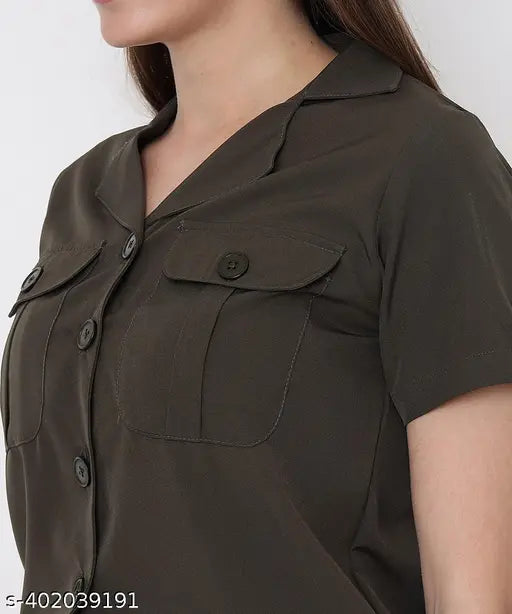 Olive Green Polyester Buttoned Playsuit for Women, high-quality poly crepe sleeves, solid net, casual chic style