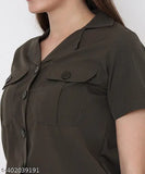 Olive Green Polyester Buttoned Playsuit for Women, high-quality poly crepe sleeves, solid net, casual chic style