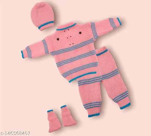 Pink wool striped baby sweater - The Varman Creations, 0-3 months