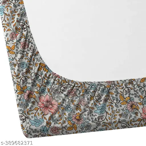 White floral cotton fitted double bedsheet with 2 pillow covers, size 72x78+10 inches, ideal for summer, made in India