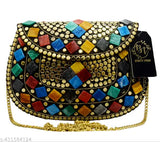 Metal clutch purse with a golden hue, possibly leather, for women, 18x13 cm