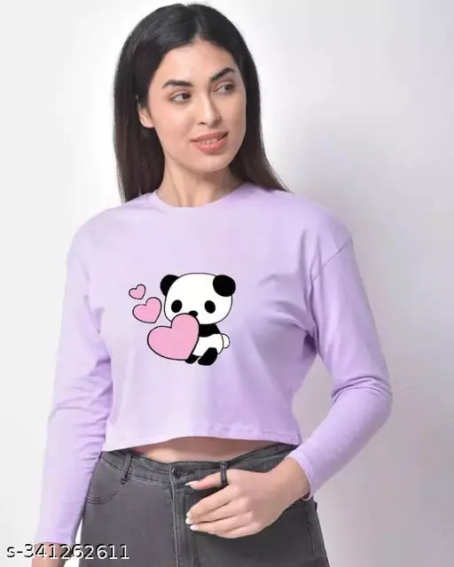 Cute lavender cotton blend long sleeve girls crop top, printed net design - trendy women's wear from India