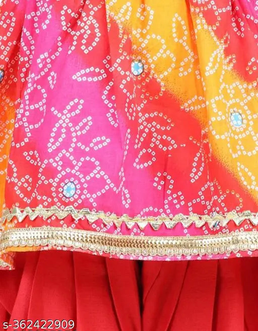 Red bandhani and lace embellished Bandhej kurta & dhoti set (1-2 years), cotton rayon, printed A-line style, three-quarter sleeves, Indian origin