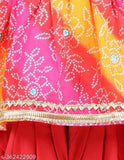 Red bandhani and lace embellished Bandhej kurta & dhoti set (1-2 years), cotton rayon, printed A-line style, three-quarter sleeves, Indian origin