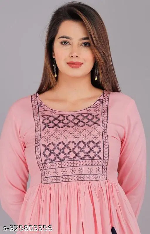 Pink Rayon Shambhavi Creations Kurta with three-quarter sleeves, solid design, India origin