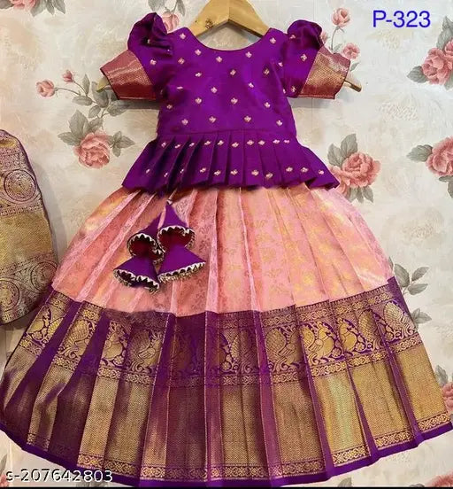 Cotton silk, fancy Pattu kids lehenga cholis in solid patterns, 12-13 years size