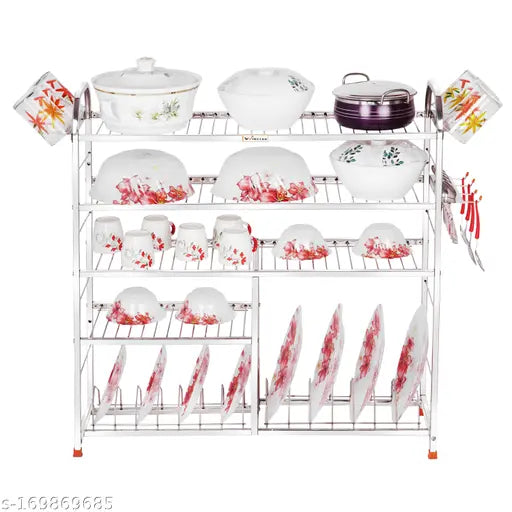 Stainless steel modular kitchen storage rack, featuring 5 shelves with plate and cutlery stands