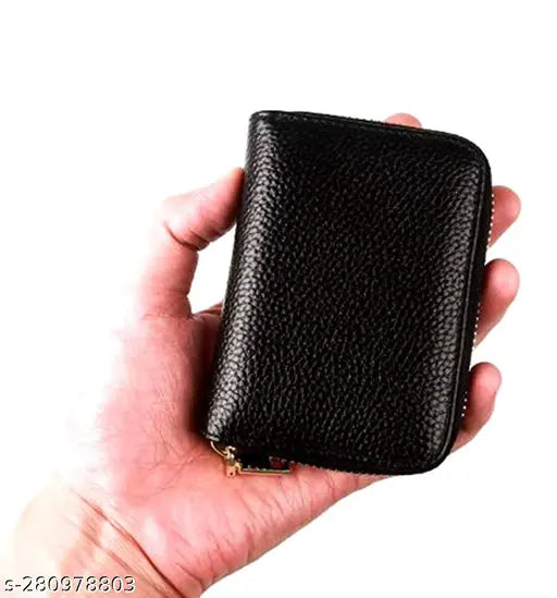 Leather bi-fold wallet, 5 compartments, textured design, RFID protected, black, perfect size for men and women