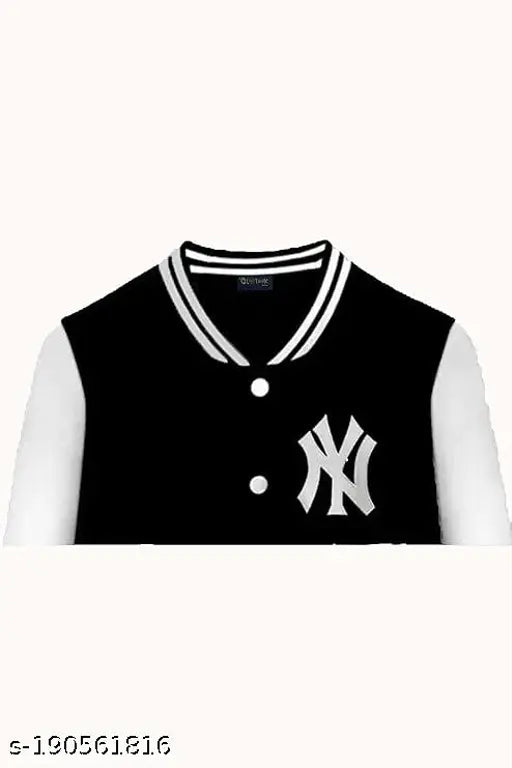 Black elastodiene Bomber/Varsity jacket with stand collar, 2 side pockets, and long sleeves. Perfect for winter wear. Size Avail: S, M, L, XL. Made in India