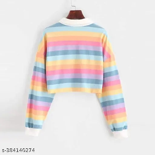 Rainbow striped Lycra long sleeve crop top, vibrant and comfortable for women or teen girls, perfect for layering or casual outfits