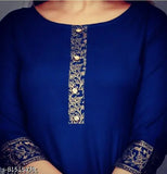 Navy blue embroidered anarkali kurti with lace border, short sleeves, and round neckline