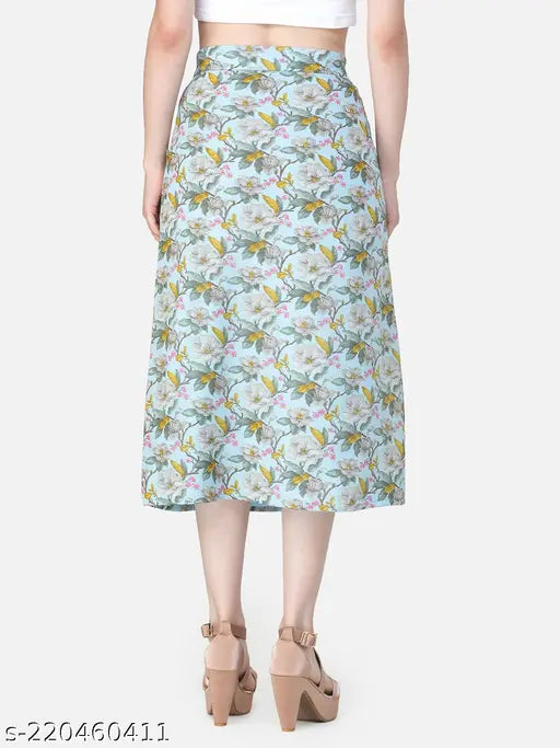 Blue printed front slit skirt