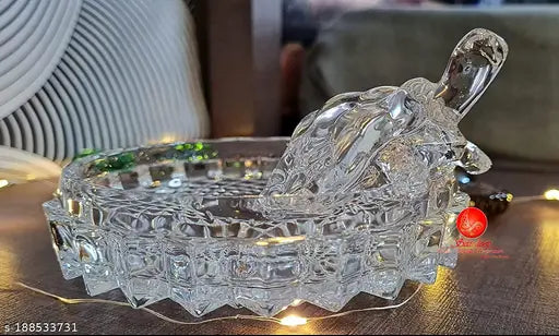 Crystal Feng Shui turtle, glass plate showpiece for career and good luck, unique office decor