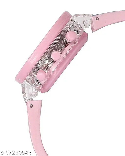 Pink digital watch with round shape and LED glowing, for girls