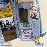 Blue denim casual long sleeve jacket, printed fabric denim jacket by RKK COLLECTIONS for women and girls