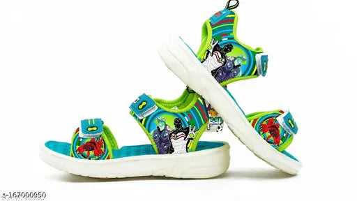 Green kids sandals, limited edition, cute design, 1 to 13 years, adventurous theme, sea green and parrot green colors