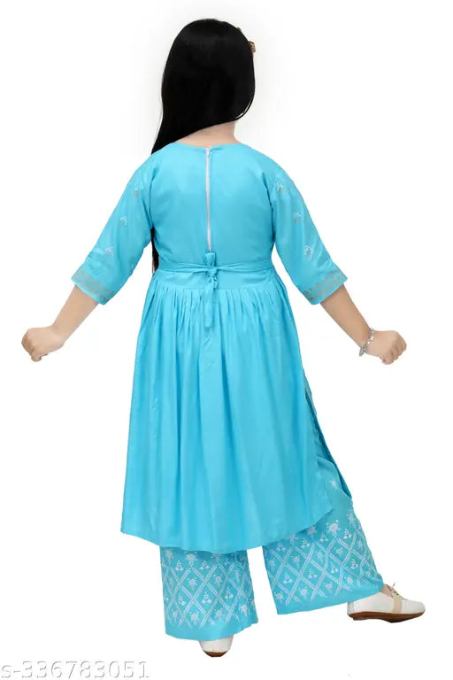 Aqua blue rayon kid's Naira cut anarkali kurta set with palazzo bottoms, intricate embroidery
