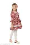 Printed polyester kurta set for kids, decorated with lace and pom-pom details, three-quarter sleeves, cotton lycra churidar bottoms. Available sizes: 5-6yrs, 6-7yrs, 7-8yrs, 8-9yrs, 9-10yrs, 10-11yrs, 11-12yrs, 12-13yrs, 13-14yrs. Indian handcrafted work on neckline. Origin: India