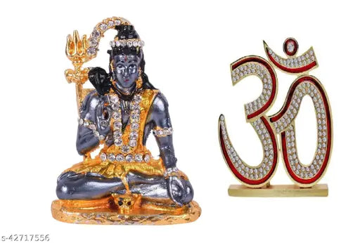 Gold plated Om symbol Lord Shiva figurine with stone detailing, 7cm tall. This spiritual religious murti is perfect for home decor or car dashboard