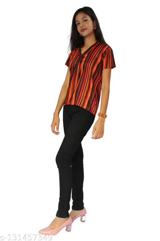 Multicolor rayon striped short sleeves t-shirt for women, trendy and comfortable
