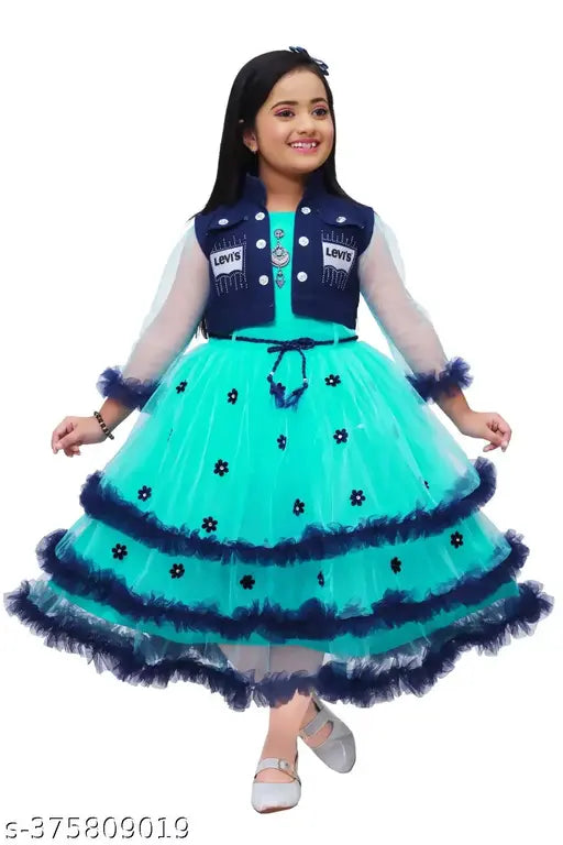 Mint green net party dress with lace flowers for kids, three-quarter sleeves and round neck - special occasion wear