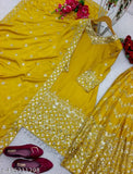 Designer embroidered golden sharara with multiple card slots