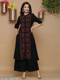 Black rayon printed A-line kurta with palazzo set, three-quarter sleeves, Indian handcrafted fashion