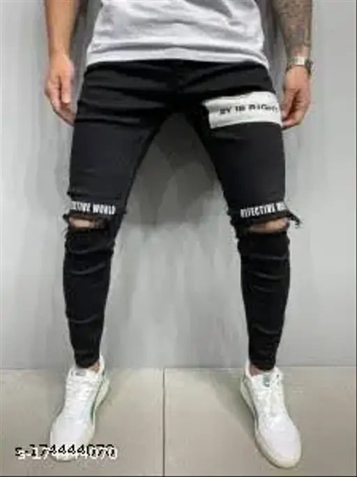 Men's solid black cotton jeans, high-quality print with classic fit and sizes 28, 30, 32