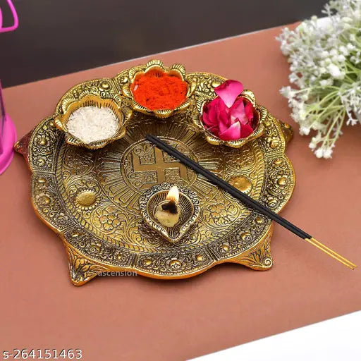 Metal Badhi Puja thali with 4 diya, gold-plated, for temple & home decoration, 10cm x 10cm x 10cm