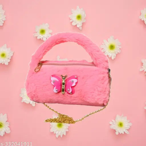 Pink fur sling bag, soft toy design, pink handle