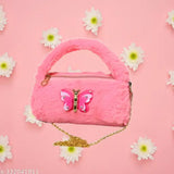 Pink fur sling bag, soft toy design, pink handle