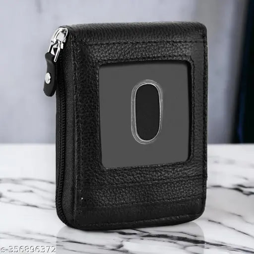 Black leather bifold wallet, 9 slot credit debit card holder with zipper coin purse for both men and women