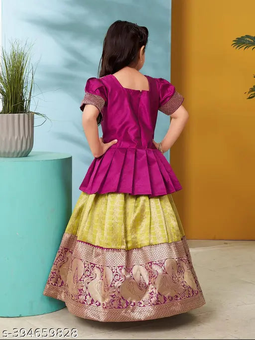 Purple and green silk lehenga cholis with half sleeves, embroidered with zari thread - Aarika girls' collection, Indian traditional wear for young fashionistas aged 3-10 years