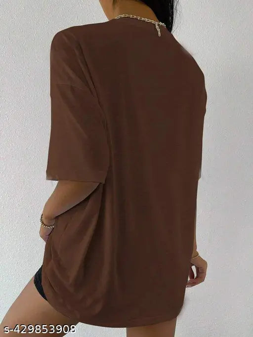 Brown printed oversized round neck T-shirt for women and girls