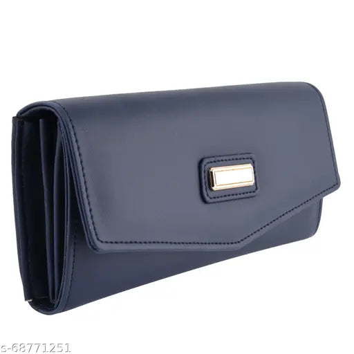 Navy blue leather clutch wallet with zip closure and multiple card slots