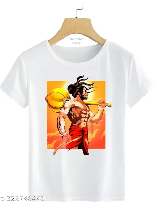 Hanuman Ji printed polyester striped t-shirt for men, short sleeves, size S-XXL, India