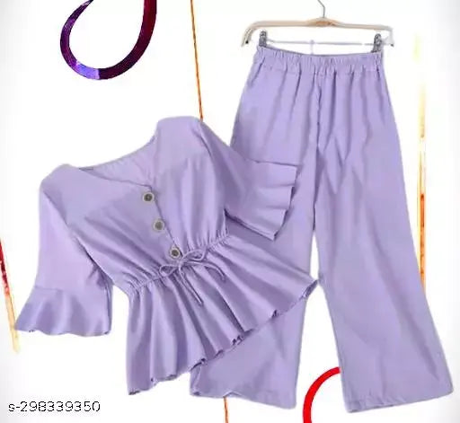Lavender crepe raglan top & bottom set - trendy, comfortable, and boho chic. Peach perfection, crop top glam, and flowy bottoms. Versatile elegance, premium quality, made in India." (123 characters)