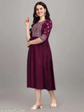 Purple embroidered viscose rayon A-line kurta with three-quarter sleeves, Indian women's traditional outfit on hanger