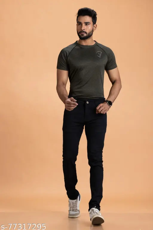 Lzard Men's solid black denim jeans, durable and stretchable for casual, party, and office wear. Black denim jeans with comfortable pockets and available in sizes 28, 30, 32, 34, 36, 38, 40, and 42 (inches). Made in India