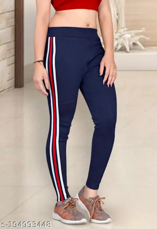 Striped navy cotton blend jeggings for sports and yoga, elastic waistband for comfort and fit