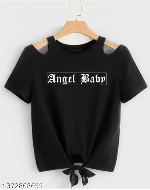 Black lycra shoulder cut crop top with angel baby print for women