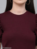 Maroon poly knit smart casual top, short sleeves, solid pattern, high neckline - Style Quotient Women, India