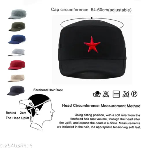 Black cotton baseball cap with embroidered red star design, high-quality adult size XL, machine washable