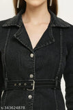 Denim jacket, long length, blue wash, button closure