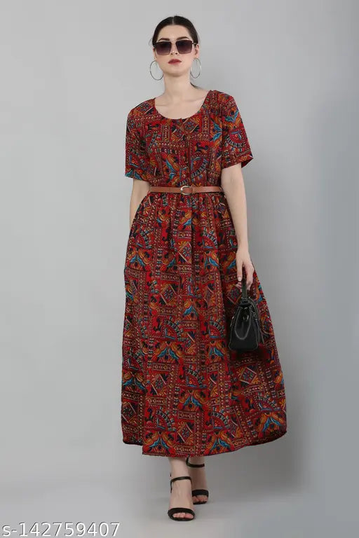 Crepe printed women's Anarkali kurti, short sleeves, vibrant Indian design. S, M, L, XL, XXL sizes available