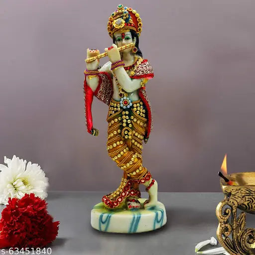 Handcrafted poly resin statue of Lord Krishna playing Murli, white marble finish, vibrant multi-colored decorations, Indian origin