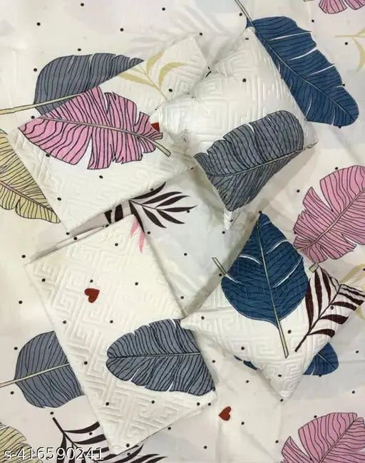 Multicolor cotton 5pc bedsheet set (1King, 2 pillow covers, 2 cushions) with embroidery and heavy quality - ideal for summer, adult use