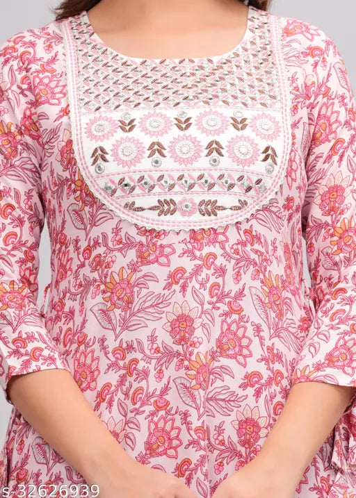 Pink and white printed Anarkali with a floral pattern, short sleeves, and a round neckline