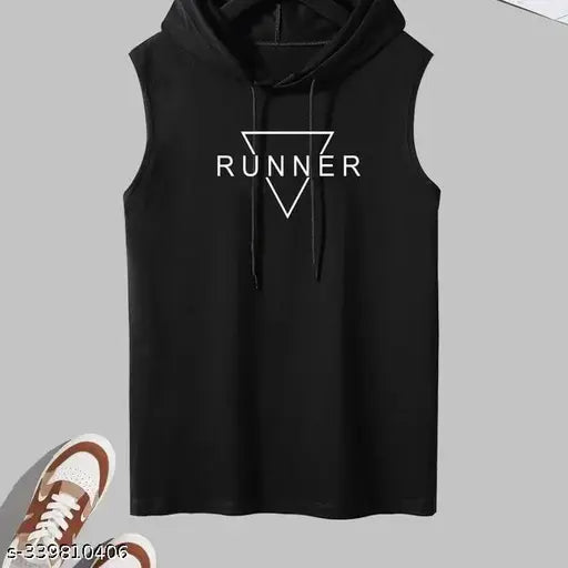 Trendy blue polyester sleeveless hood neck gym t-shirt for men, printed net design. Made in India